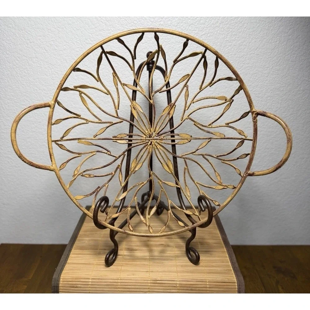 Vintage Rustic Shabby Chic Wrought Iron Gilded Flora Basket Golden Metal